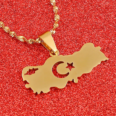 Stainless Steel Turkey Map Flag Turkish Pendant Necklace for Women Men Chain Jewelry