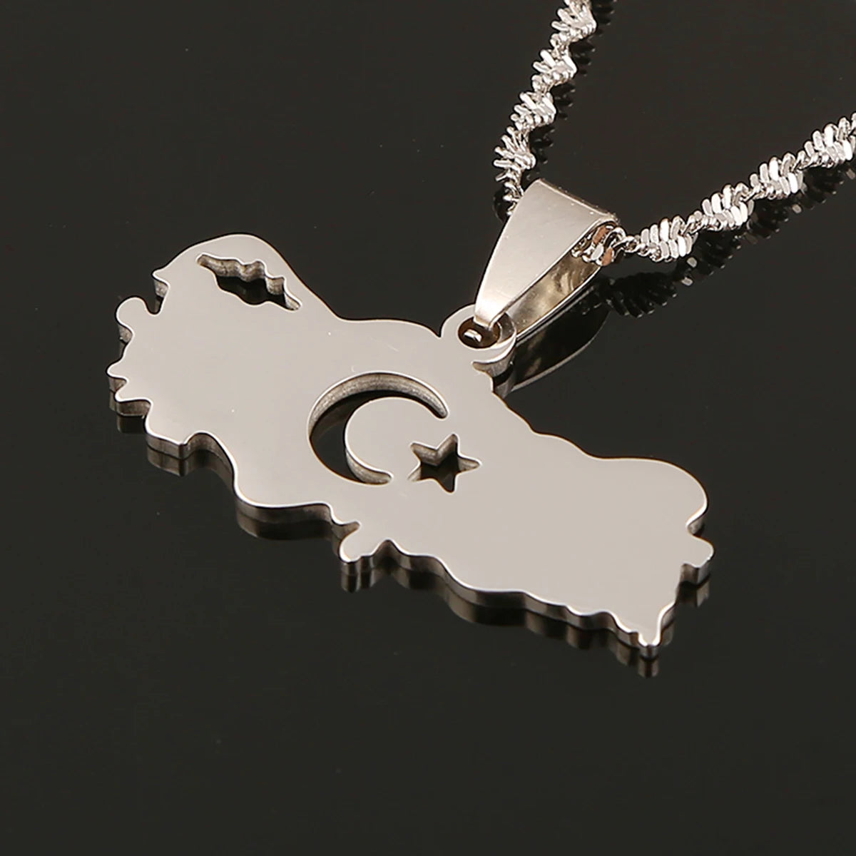 Stainless Steel Turkey Map Flag Turkish Pendant Necklace for Women Men Chain Jewelry