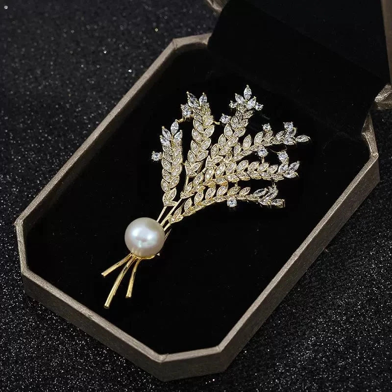 Spike Of Wheat Brooches Plant Tree Pearl Coat Rhinestone Pin Brooches For Woman Wedding Party