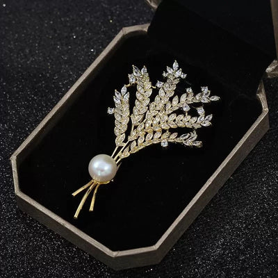 Spike Of Wheat Brooches Plant Tree Pearl Coat Rhinestone Pin Brooches For Woman Wedding Party