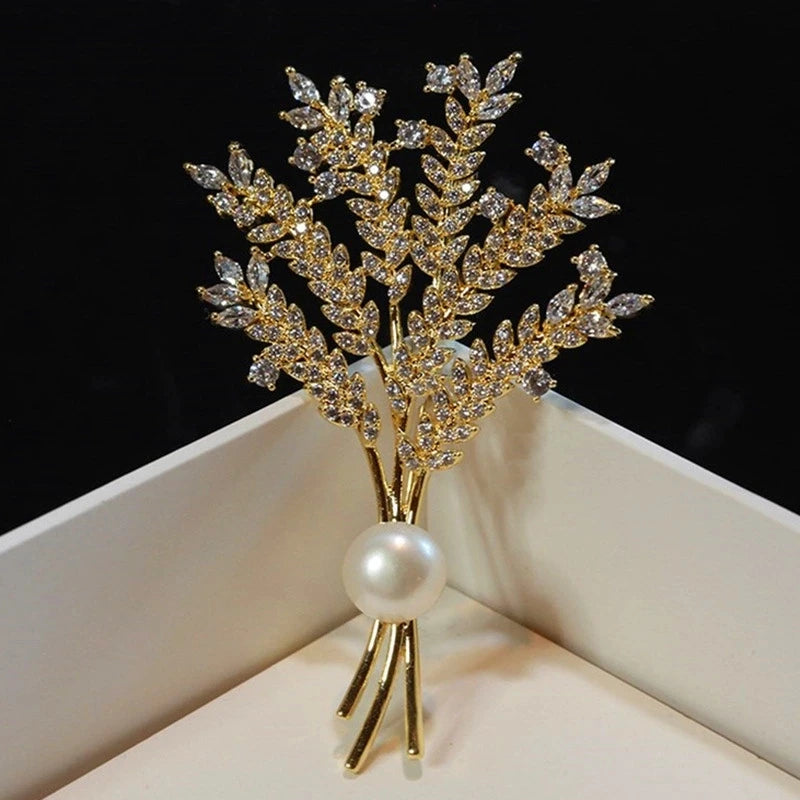 Spike Of Wheat Brooches Plant Tree Pearl Coat Rhinestone Pin Brooches For Woman Wedding Party