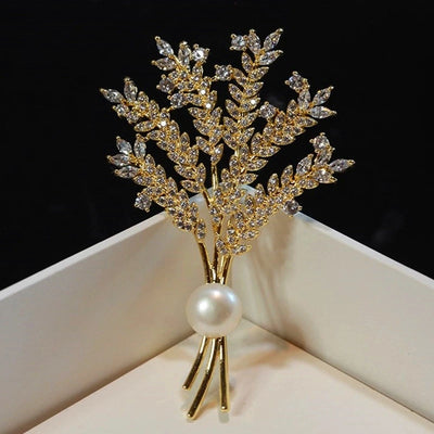 Spike Of Wheat Brooches Plant Tree Pearl Coat Rhinestone Pin Brooches For Woman Wedding Party