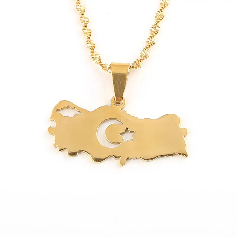 Stainless Steel Turkey Map Flag Turkish Pendant Necklace for Women Men Chain Jewelry
