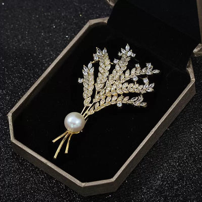 Spike Of Wheat Brooches Plant Tree Pearl Coat Rhinestone Pin Brooches For Woman Wedding Party