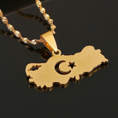 Stainless Steel Turkey Map Flag Turkish Pendant Necklace for Women Men Chain Jewelry