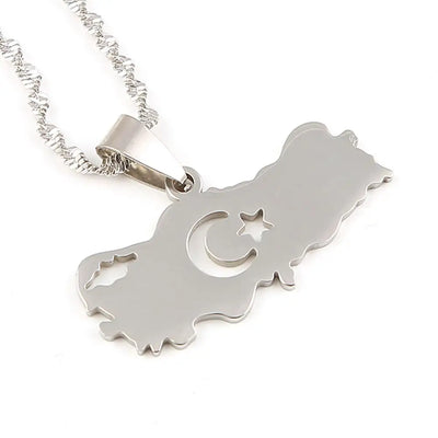 Stainless Steel Turkey Map Flag Turkish Pendant Necklace for Women Men Chain Jewelry