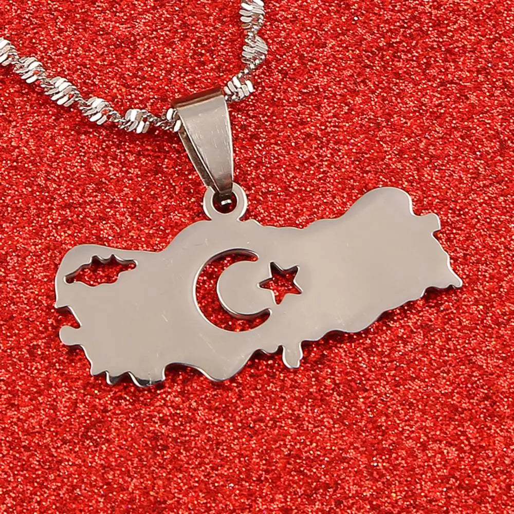 Stainless Steel Turkey Map Flag Turkish Pendant Necklace for Women Men Chain Jewelry