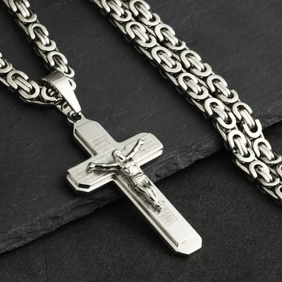 Jesus Bible Engraved Crucifix Cross Pendant Necklaces Trendy Byzantine Stainless Steel Men Chain Necklaces Fashion Jewelry NC01