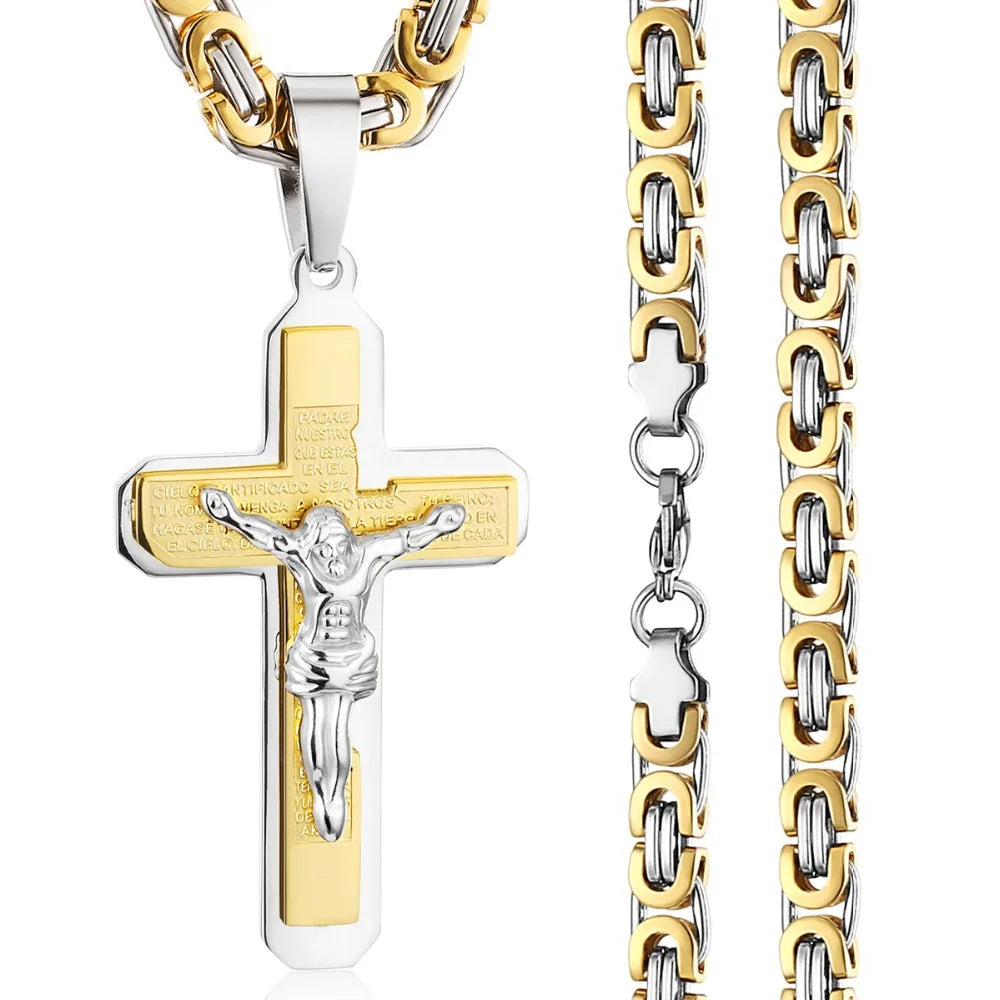 Jesus Bible Engraved Crucifix Cross Pendant Necklaces Trendy Byzantine Stainless Steel Men Chain Necklaces Fashion Jewelry NC01