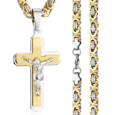 Jesus Bible Engraved Crucifix Cross Pendant Necklaces Trendy Byzantine Stainless Steel Men Chain Necklaces Fashion Jewelry NC01
