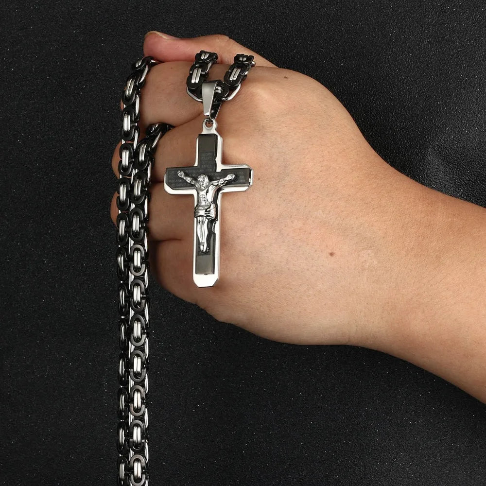 Jesus Bible Engraved Crucifix Cross Pendant Necklaces Trendy Byzantine Stainless Steel Men Chain Necklaces Fashion Jewelry NC01