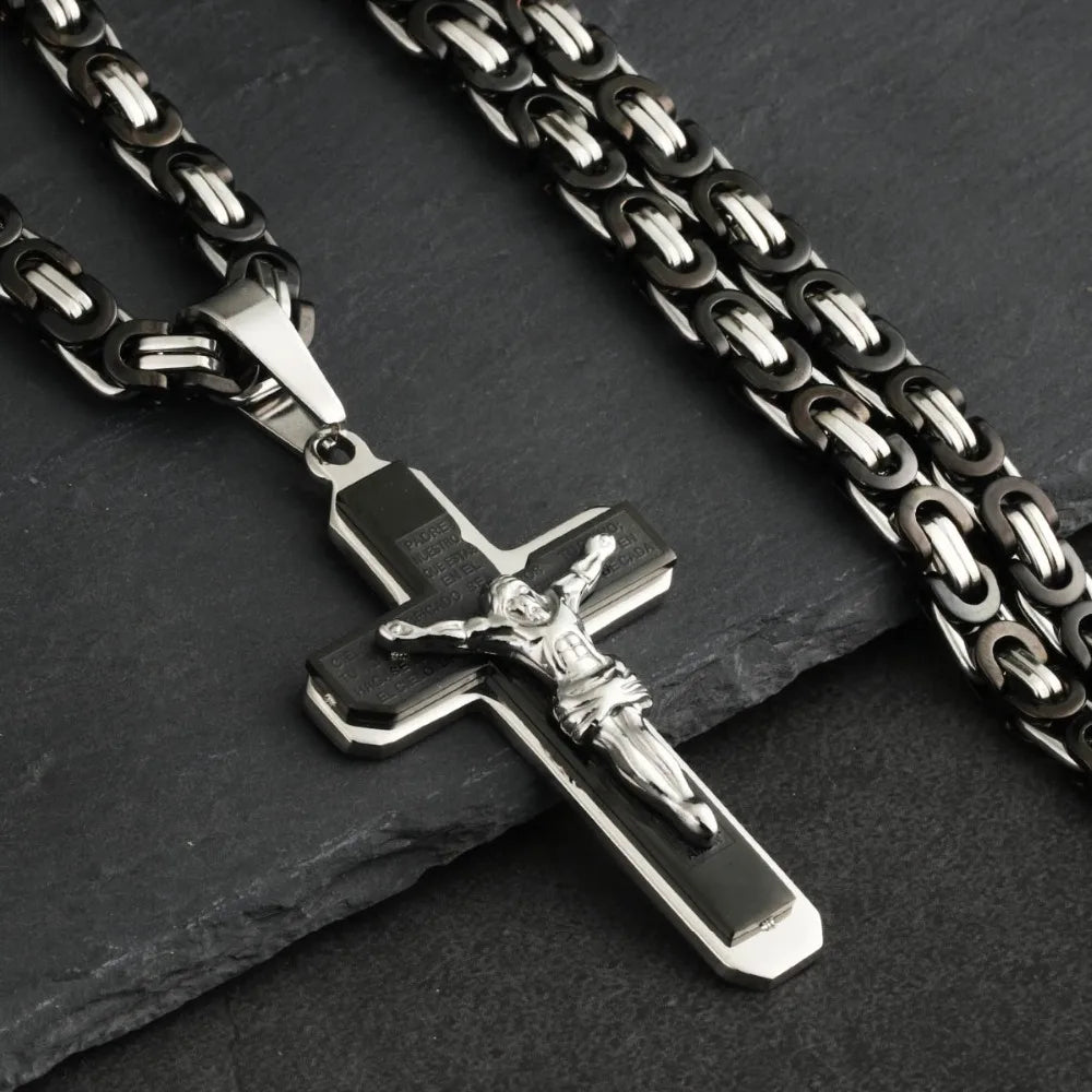 Jesus Bible Engraved Crucifix Cross Pendant Necklaces Trendy Byzantine Stainless Steel Men Chain Necklaces Fashion Jewelry NC01
