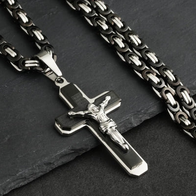 Jesus Bible Engraved Crucifix Cross Pendant Necklaces Trendy Byzantine Stainless Steel Men Chain Necklaces Fashion Jewelry NC01