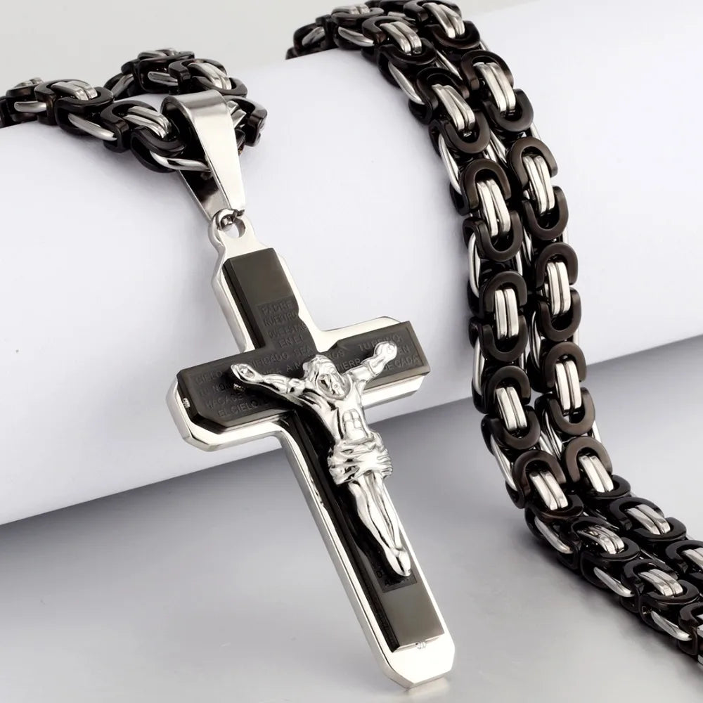 Jesus Bible Engraved Crucifix Cross Pendant Necklaces Trendy Byzantine Stainless Steel Men Chain Necklaces Fashion Jewelry NC01