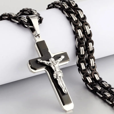 Jesus Bible Engraved Crucifix Cross Pendant Necklaces Trendy Byzantine Stainless Steel Men Chain Necklaces Fashion Jewelry NC01