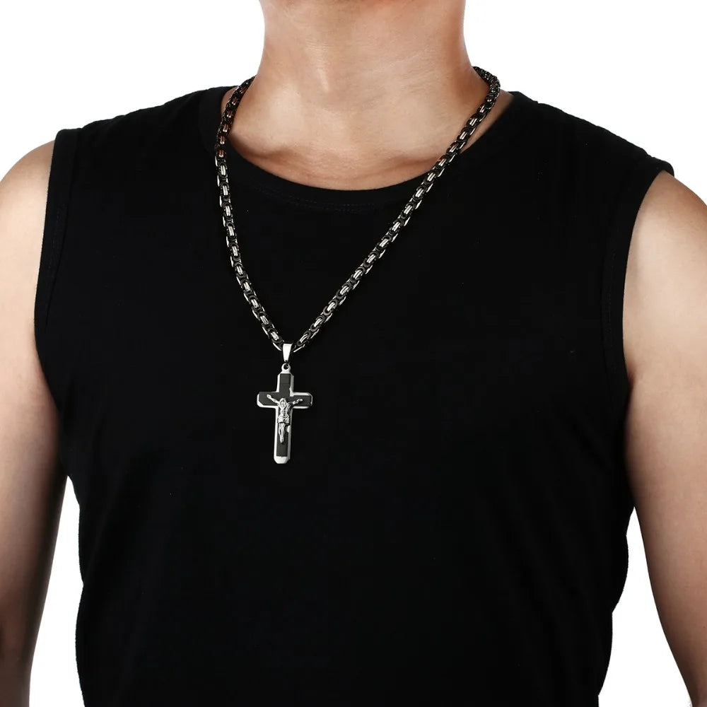 Jesus Bible Engraved Crucifix Cross Pendant Necklaces Trendy Byzantine Stainless Steel Men Chain Necklaces Fashion Jewelry NC01