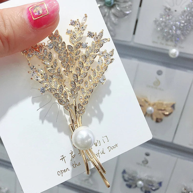 Spike Of Wheat Brooches Plant Tree Pearl Coat Rhinestone Pin Brooches For Woman Wedding Party