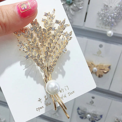 Spike Of Wheat Brooches Plant Tree Pearl Coat Rhinestone Pin Brooches For Woman Wedding Party