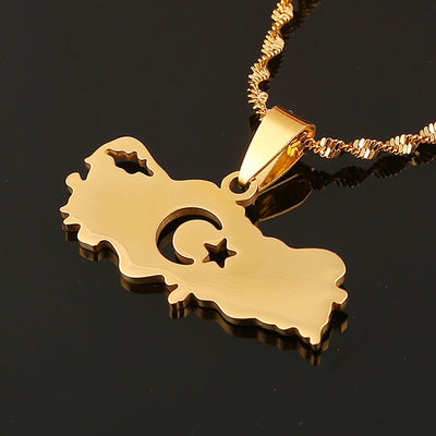 Stainless Steel Turkey Map Flag Turkish Pendant Necklace for Women Men Chain Jewelry