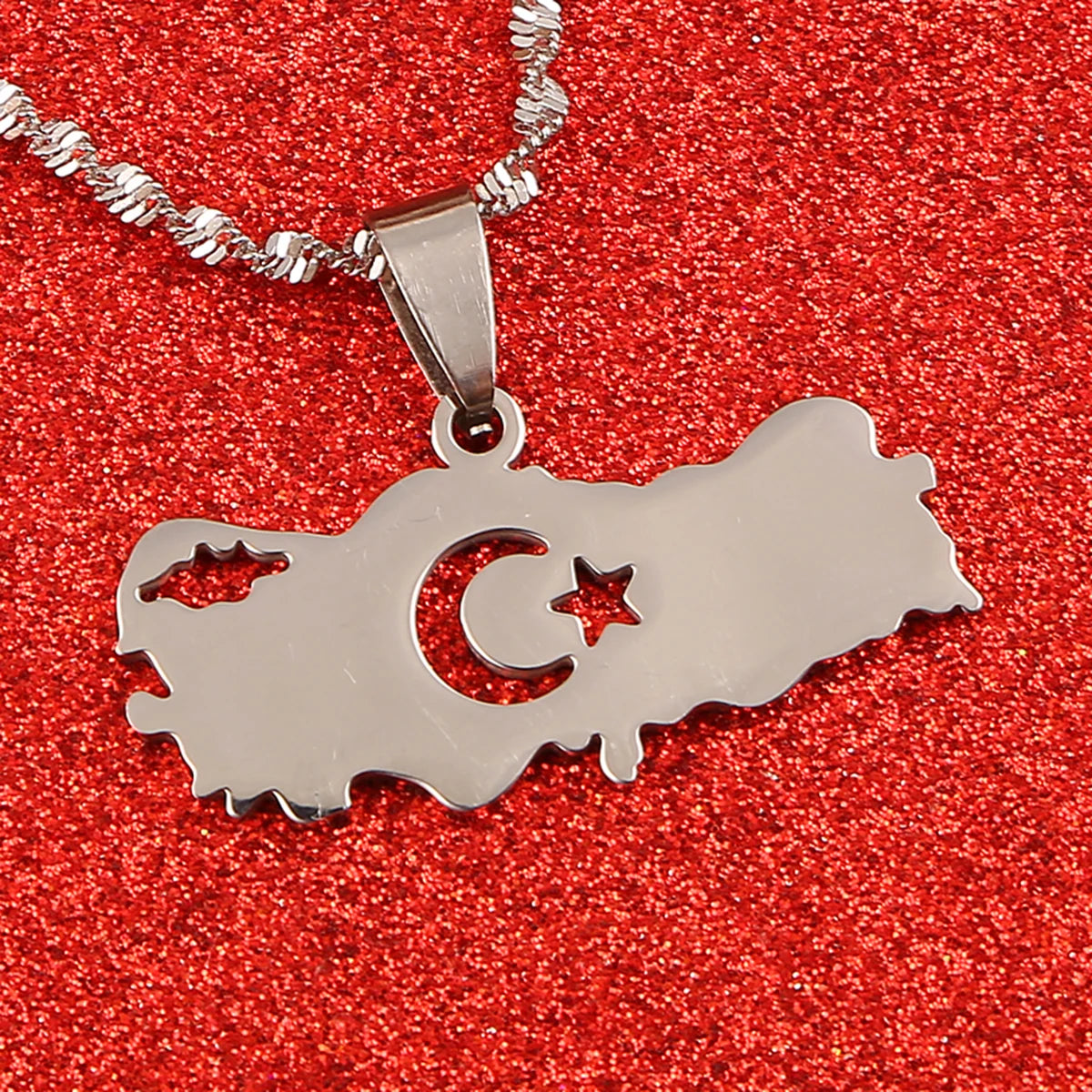 Stainless Steel Turkey Map Flag Turkish Pendant Necklace for Women Men Chain Jewelry