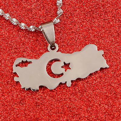 Stainless Steel Turkey Map Flag Turkish Pendant Necklace for Women Men Chain Jewelry