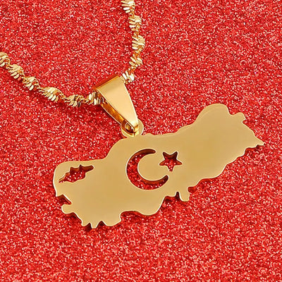 Stainless Steel Turkey Map Flag Turkish Pendant Necklace for Women Men Chain Jewelry