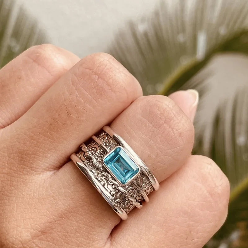 Classical Fashion Silver Color Men Rings Square Blue Stone Men Rings Jewelry Party Gift