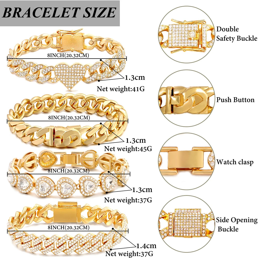 Iced Out Crystal Heart Tennis Chain Miami Cuban Link Chain Bracelet for Women Men Hiphop Chunky Chains Bracelets Jewelry