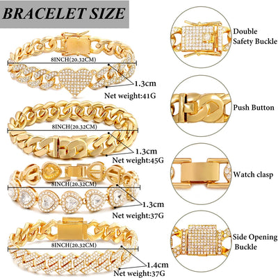 Iced Out Crystal Heart Tennis Chain Miami Cuban Link Chain Bracelet for Women Men Hiphop Chunky Chains Bracelets Jewelry