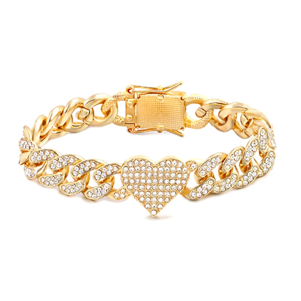 Iced Out Crystal Heart Tennis Chain Miami Cuban Link Chain Bracelet for Women Men Hiphop Chunky Chains Bracelets Jewelry