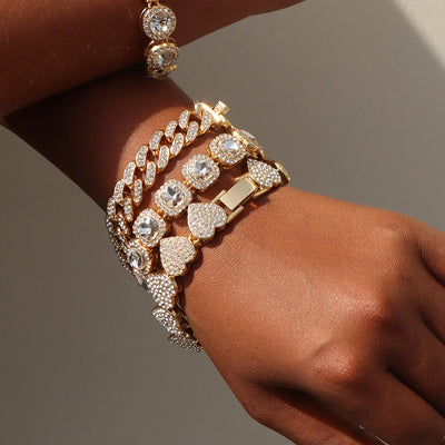 Iced Out Crystal Heart Tennis Chain Miami Cuban Link Chain Bracelet for Women Men Hiphop Chunky Chains Bracelets Jewelry