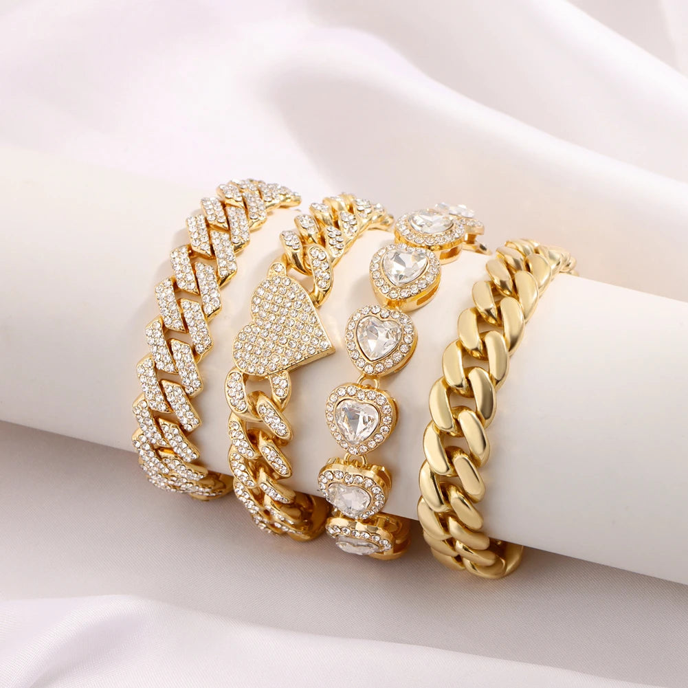 Iced Out Crystal Heart Tennis Chain Miami Cuban Link Chain Bracelet for Women Men Hiphop Chunky Chains Bracelets Jewelry