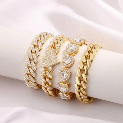 Iced Out Crystal Heart Tennis Chain Miami Cuban Link Chain Bracelet for Women Men Hiphop Chunky Chains Bracelets Jewelry