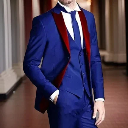 Suits For Men Slim Fit 3 Pcs Peaked Lapel Wedding Groom Tuxedo American Style Costume (Jacket + Vest + Pants)