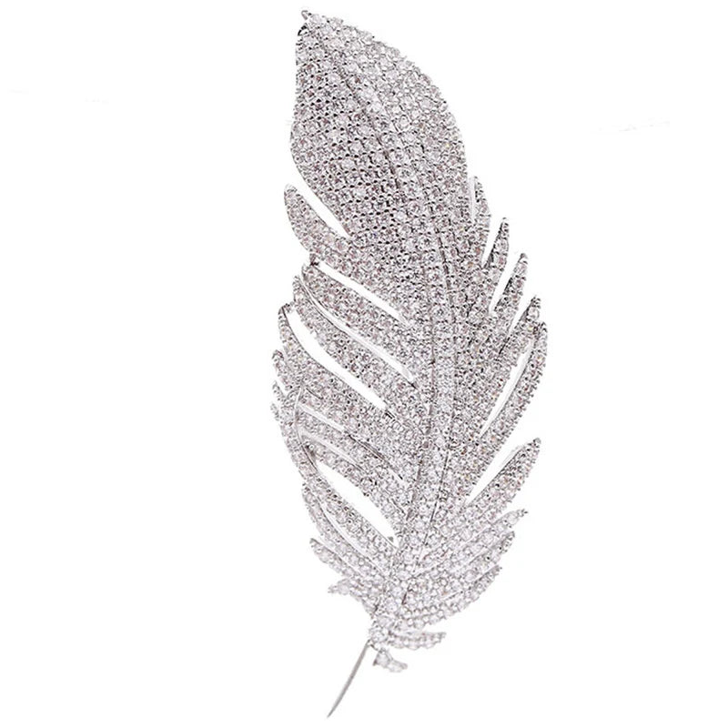 Elegant Silver Color Full of Rhinestone Feather Brooches for Women Men Unisex Luxury Crystal Lapel Safety Pins Party Jewelry