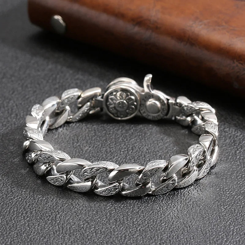 Buddhastone Silver Color Handmade Design Antique Bracelet Men Chain Six-character Mantra Fashion Trend Bracelets Jewelry
