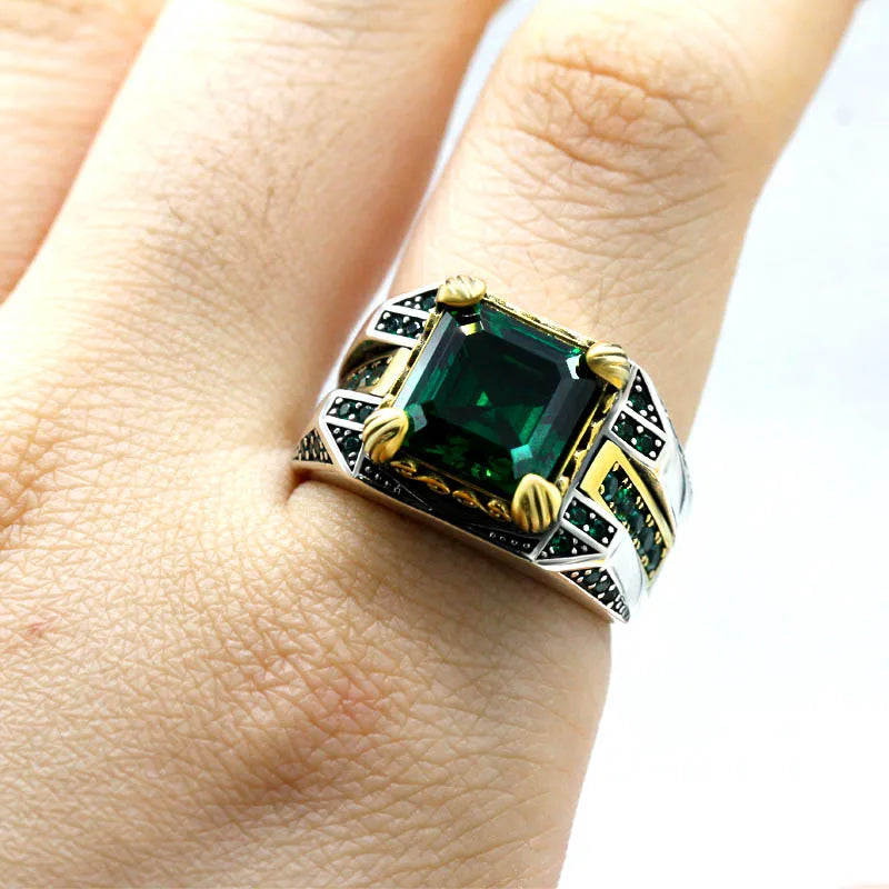 Men Rings Sterling Silver 925 Turkish Square Men's Ring Faceted Blue Zircon Fashion Rings Men Rings Sterling Silver 925 Pure