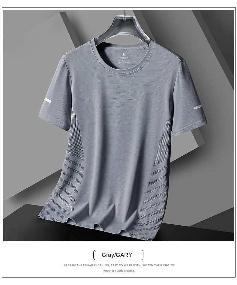 Running T-shirt Men Summer Ice Silk Thin Top Reflective Printing Quick Dry Short Sleeve Breathable Fitness Sports T-shirt 5XL