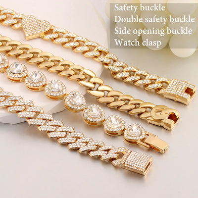 Iced Out Crystal Heart Tennis Chain Miami Cuban Link Chain Bracelet for Women Men Hiphop Chunky Chains Bracelets Jewelry