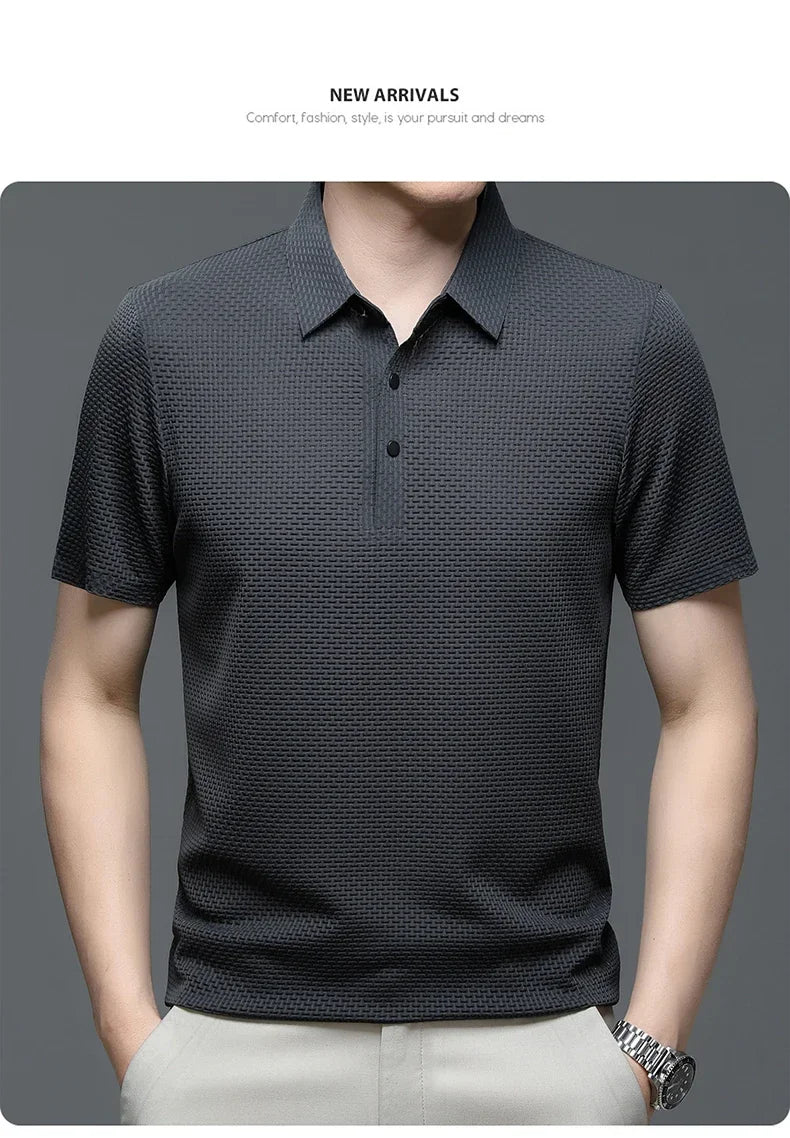 Summer New Men's Lop-up Hollow Short-sleeved Polo Tee Shirt Ice Silk Breathable Business Fashion T-Shirt Male Brand Clothes