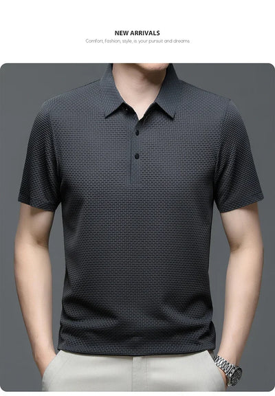 Summer New Men's Lop-up Hollow Short-sleeved Polo Tee Shirt Ice Silk Breathable Business Fashion T-Shirt Male Brand Clothes