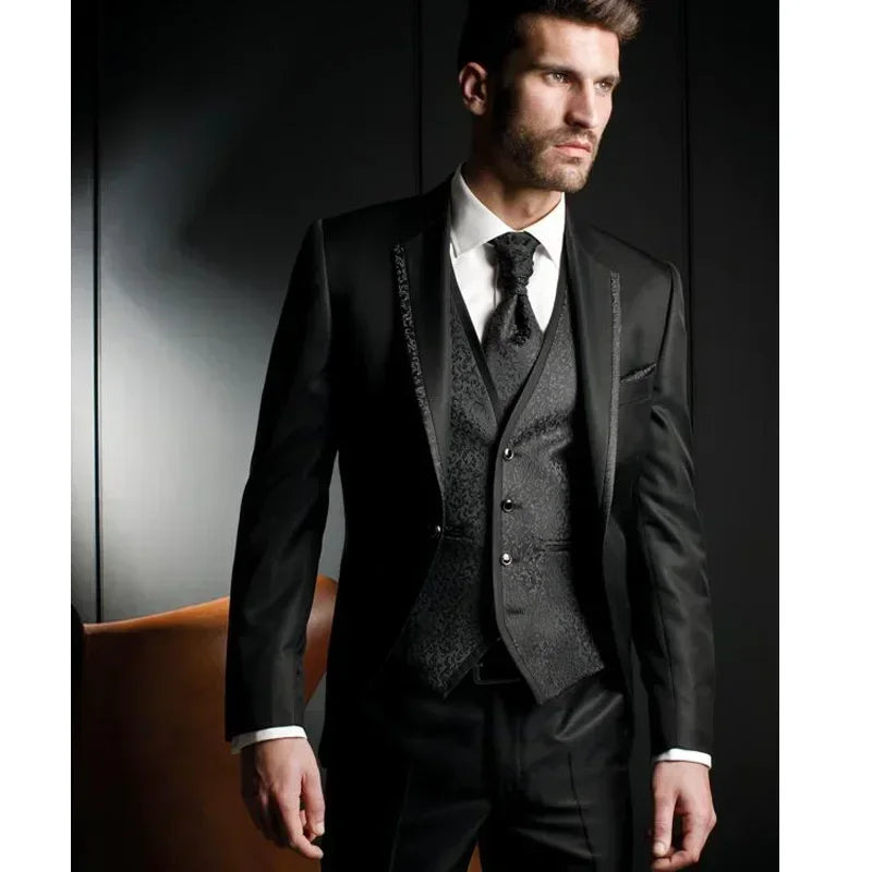 Formal Wedding Suits For Men Slim Fit 3 Pieces Groom Tuxedo Floral Jacket Vest With Pants Male Fashion