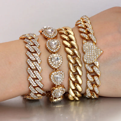 Iced Out Crystal Heart Tennis Chain Miami Cuban Link Chain Bracelet for Women Men Hiphop Chunky Chains Bracelets Jewelry