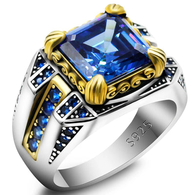 Men Rings Sterling Silver 925 Turkish Square Men's Ring Faceted Blue Zircon Fashion Rings Men Rings Sterling Silver 925 Pure