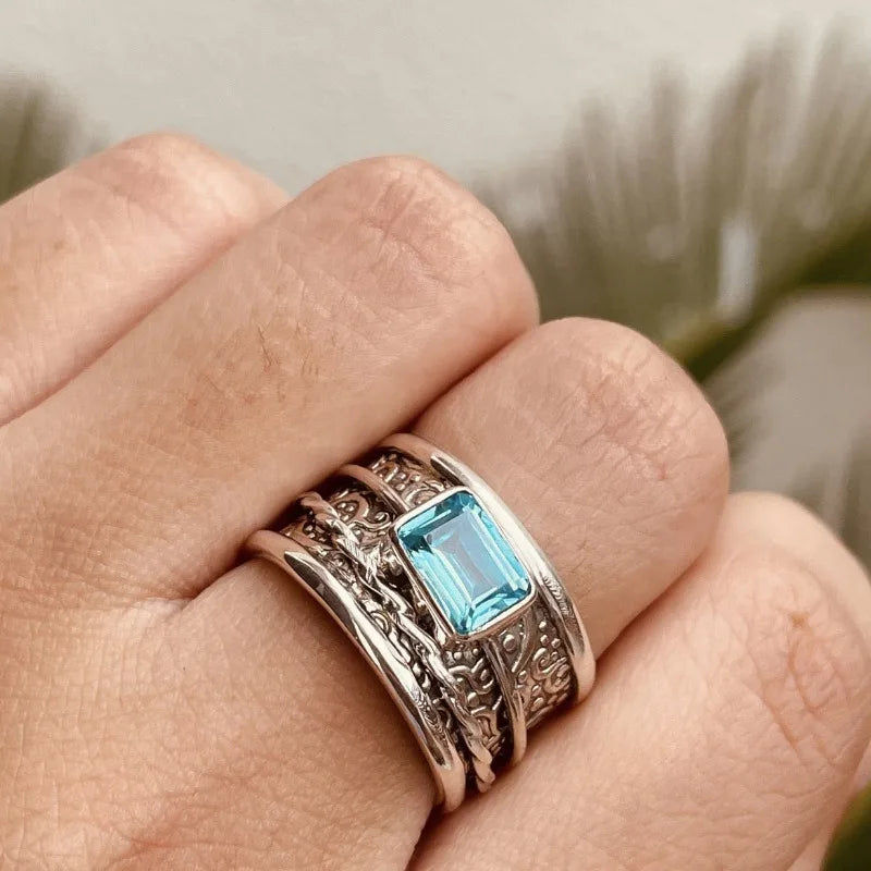 Classical Fashion Silver Color Men Rings Square Blue Stone Men Rings Jewelry Party Gift