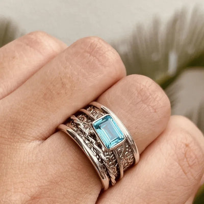 Classical Fashion Silver Color Men Rings Square Blue Stone Men Rings Jewelry Party Gift