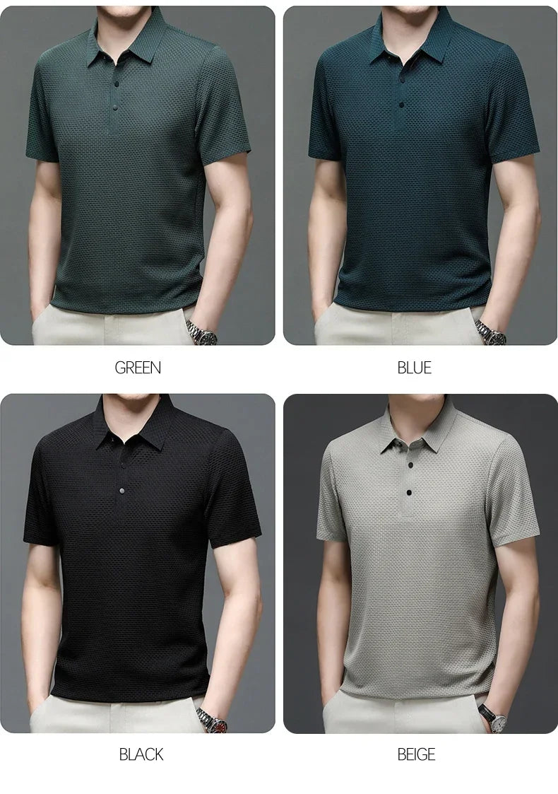 Summer New Men's Lop-up Hollow Short-sleeved Polo Tee Shirt Ice Silk Breathable Business Fashion T-Shirt Male Brand Clothes
