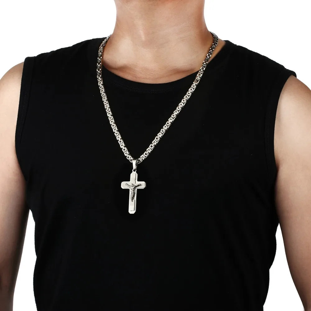 Jesus Bible Engraved Crucifix Cross Pendant Necklaces Trendy Byzantine Stainless Steel Men Chain Necklaces Fashion Jewelry NC01