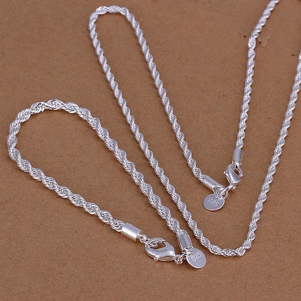 high quality 925 silver 4MM women men chain male twisted rope necklace bracelets fashion Silver jewelry Set