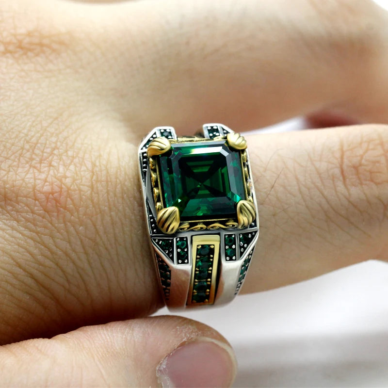 Men Rings Sterling Silver 925 Turkish Square Men's Ring Faceted Blue Zircon Fashion Rings Men Rings Sterling Silver 925 Pure